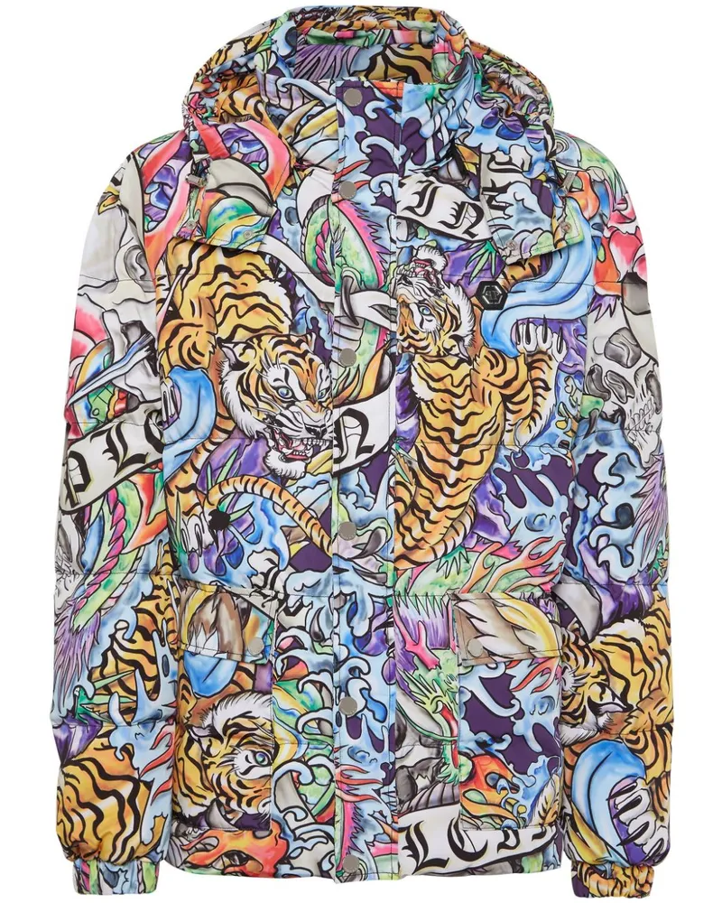 Philipp Plein Gefütterte Kapuzenjacke mit Tattoo-Print - Blau Blau