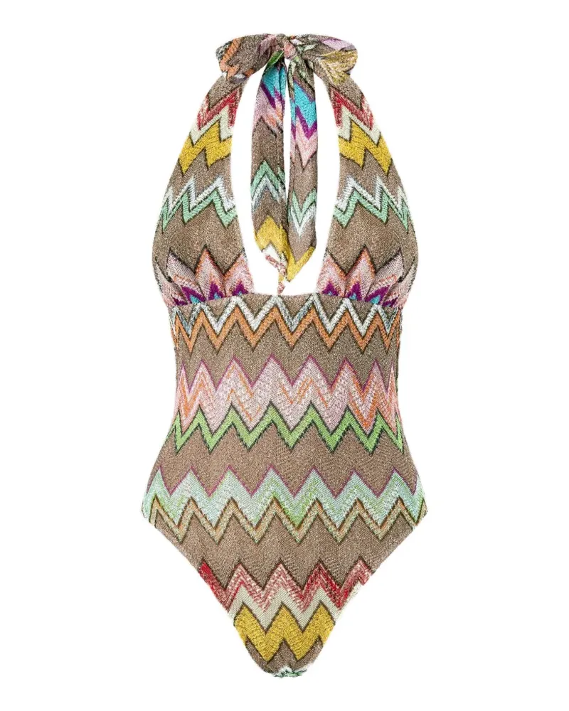 Missoni zigzag-knit halterneck swimsuit - Nude Nude
