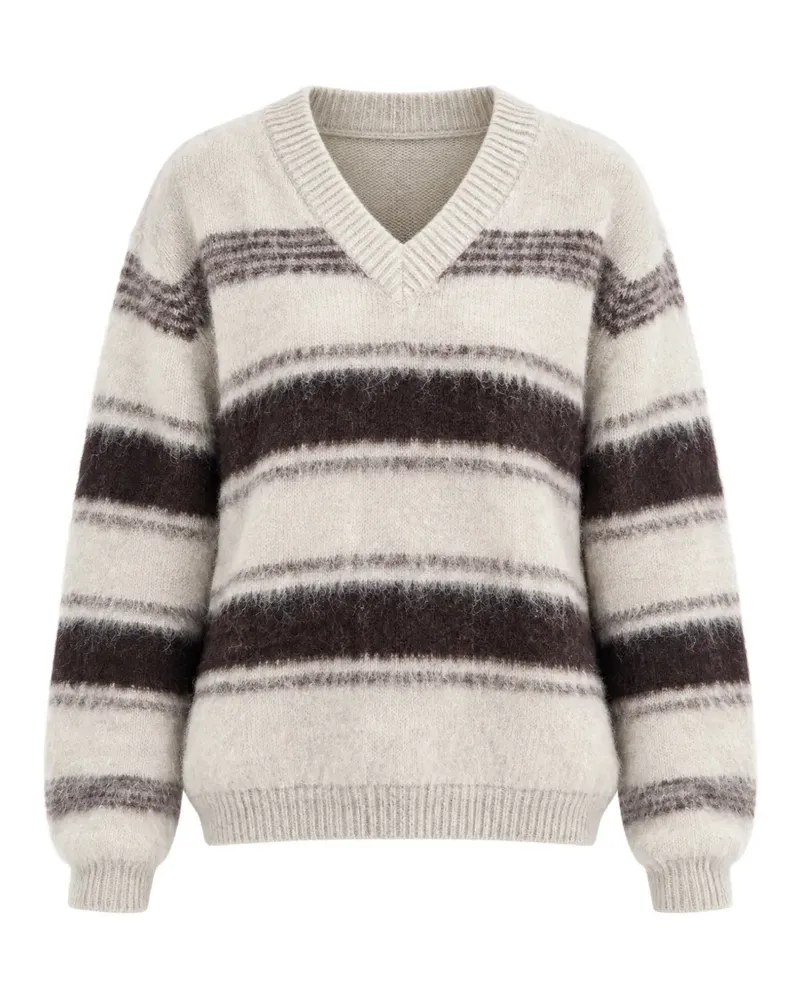 LOW CLASSIC Gestreifter Pullover mit V-Ausschnitt - Nude Nude