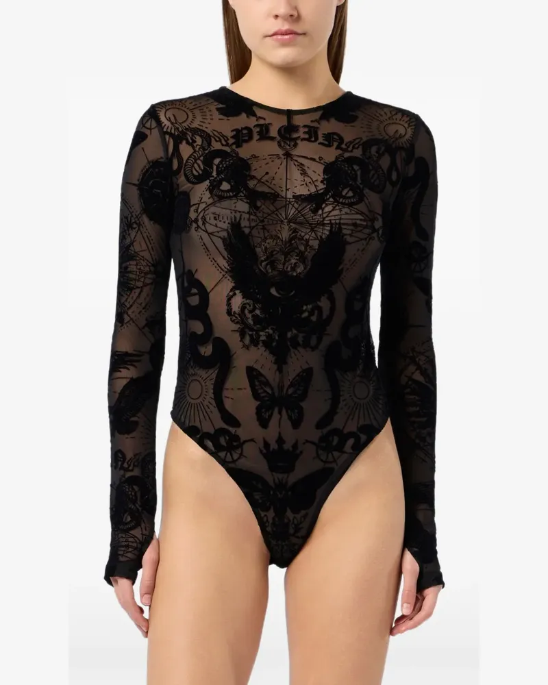 Philipp Plein Langärmeliger Body mit beflocktem Print - Schwarz Schwarz