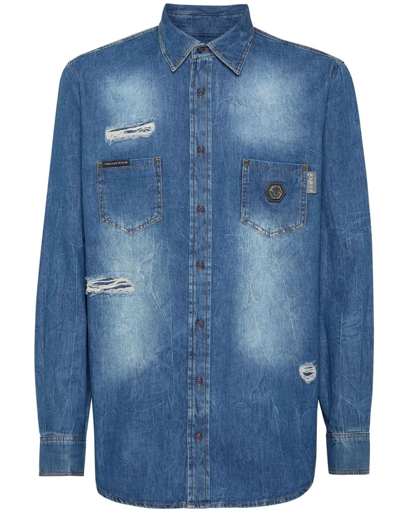Philipp Plein Jeanshemd im Distressed-Look - Blau Blau