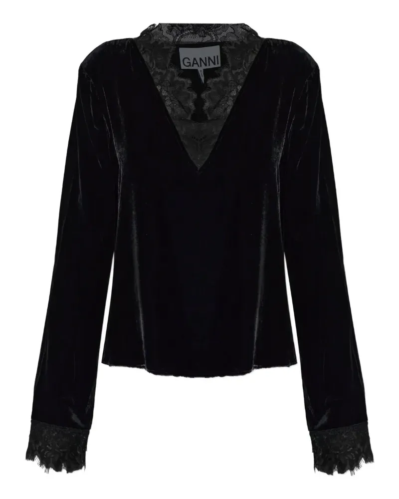 Ganni lace-trimmed velvet top - Schwarz Schwarz