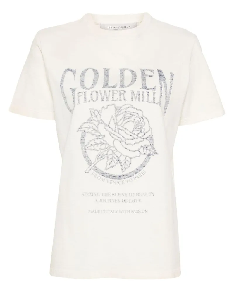 Golden Goose Distressed-T-Shirt mit Logo-Print Nude