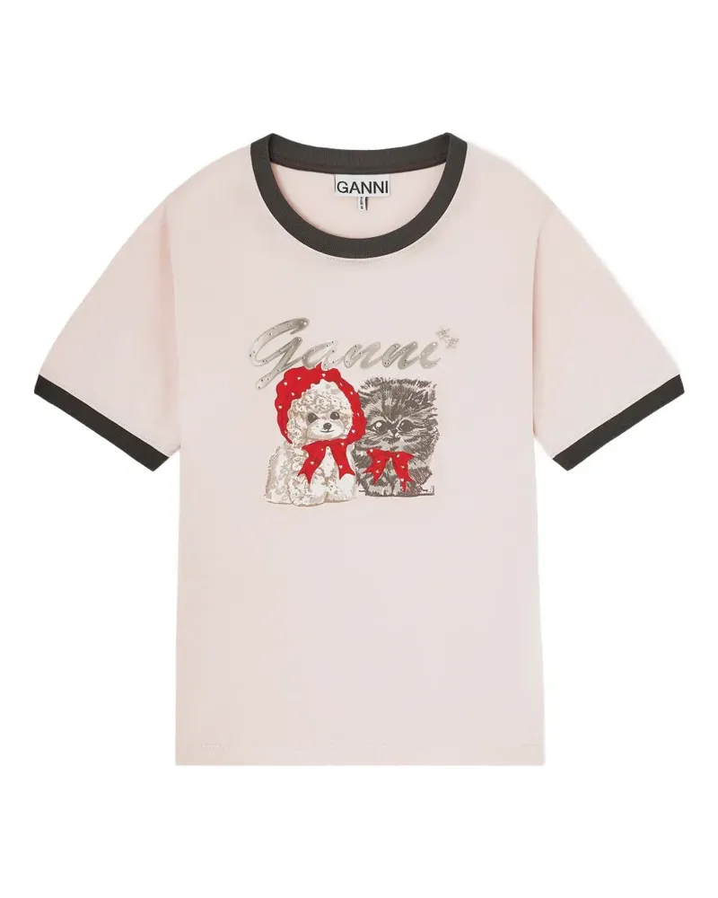 Ganni Ringer-T-Shirt mit Hunde-Print - Nude Nude