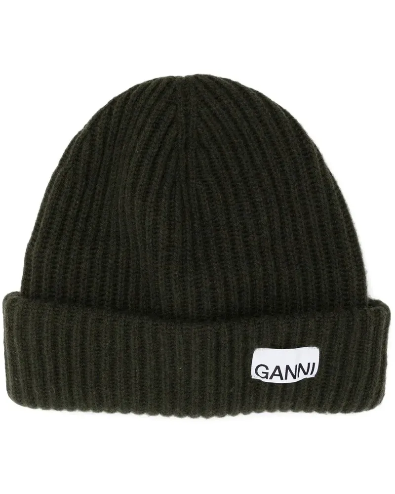 Ganni Gerippte Beanie mit Logo-Patch - Grün Grün