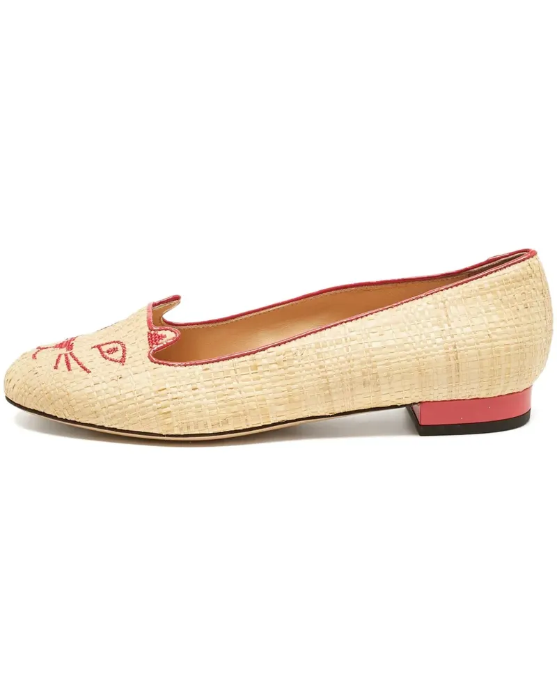 Charlotte Olympia Ballerinas aus Raffiabast mit Katzenstickerei - Nude Nude