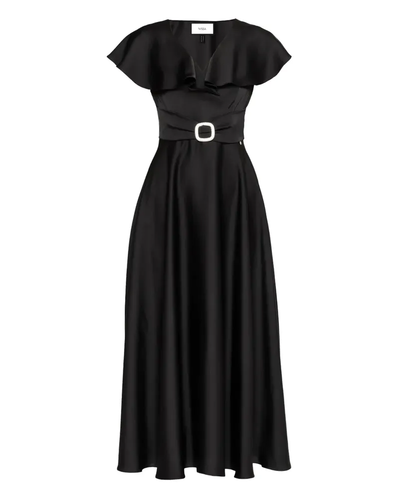 NISSA ruffled belted satin dress - Schwarz Schwarz