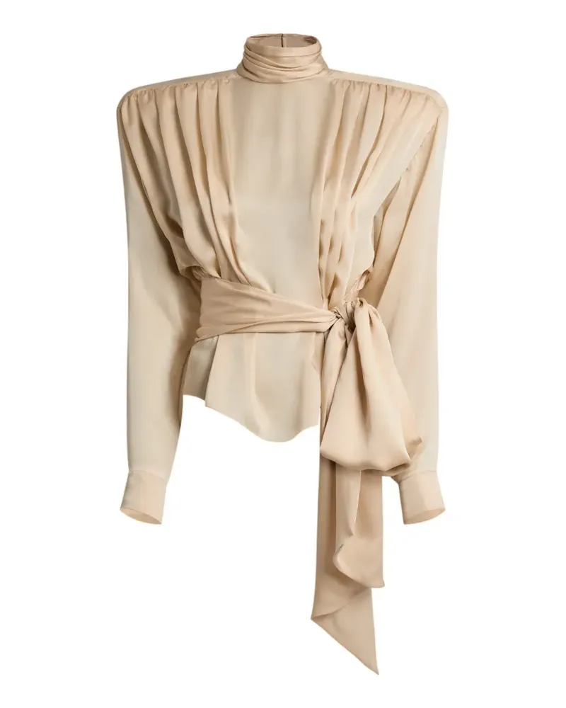Balmain Bluse aus Seidenchiffon mit gepolsterten Schultern und Krawatte - Nude Nude