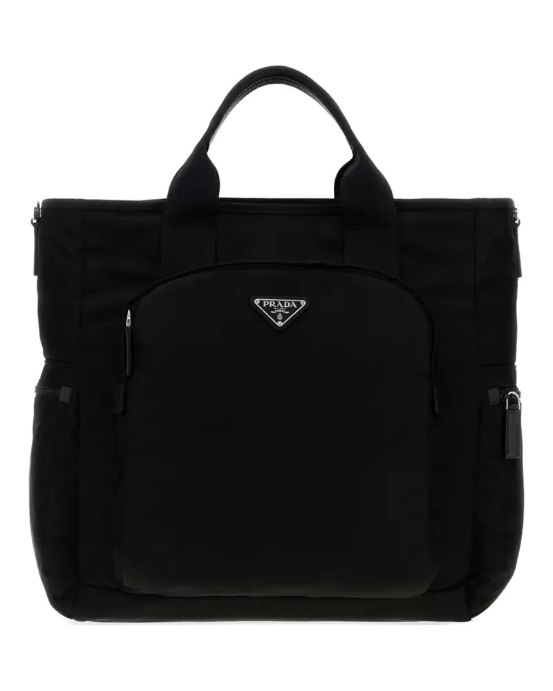 Prada logo-plaque leather-trim tote bag - Schwarz Schwarz