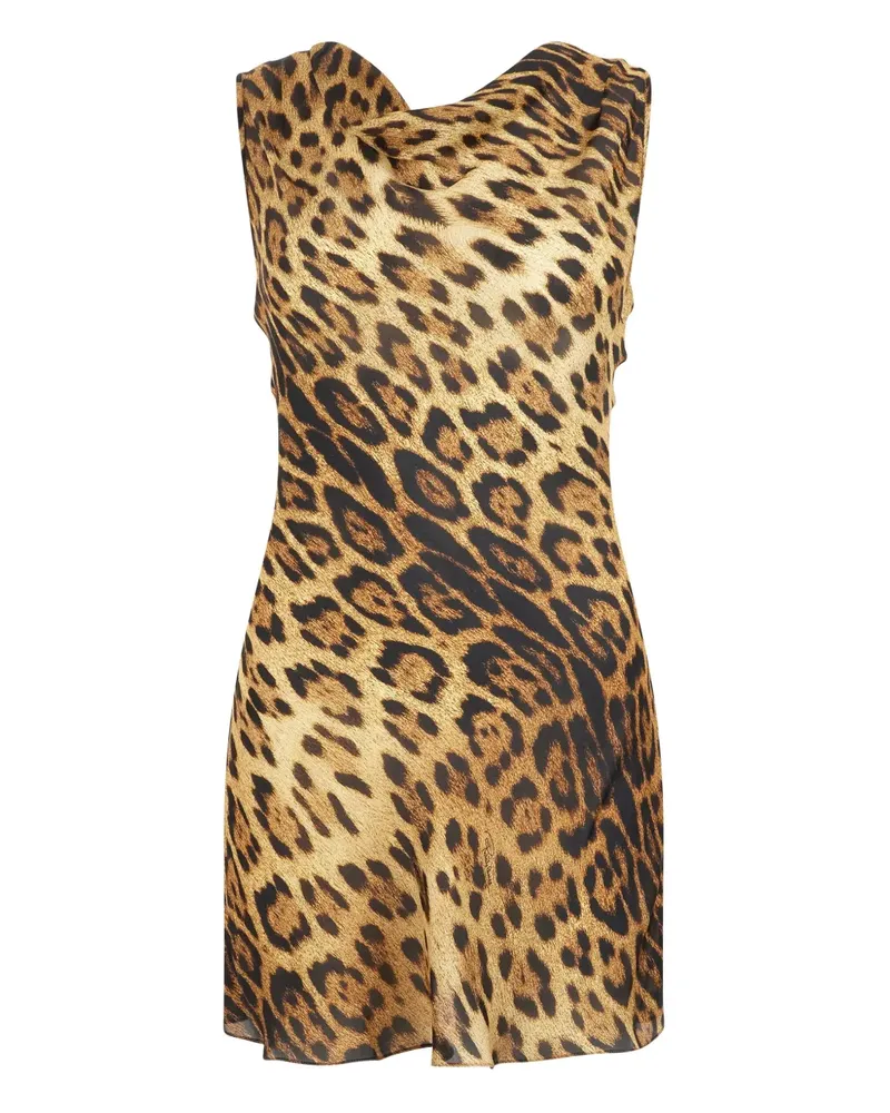 Roberto Cavalli Wasserfallausschnitt-Minikleid mit Jaguar-Print - Braun Braun