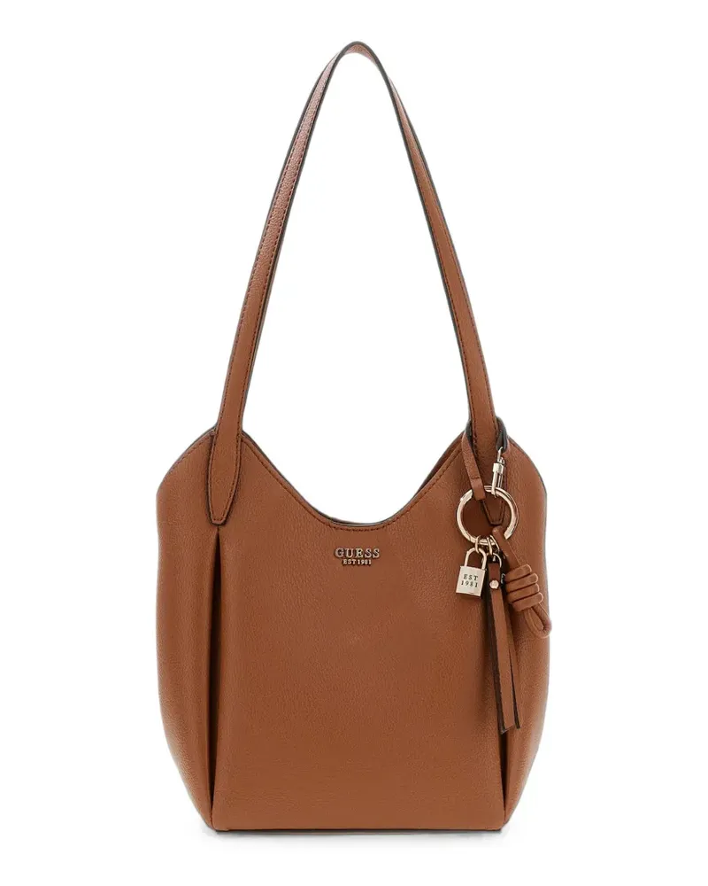 Guess Gekörnte Melody Schultertasche mit Logo-Schild - Braun Braun
