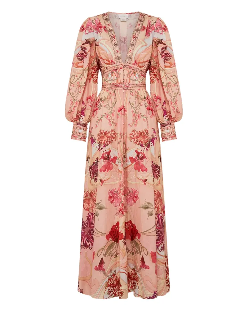 Camilla floral puff-sleeve midi dress - Rosa Rosa