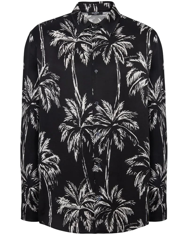 Balmain Hemd aus Satin mit Palmen-Print - Schwarz Schwarz