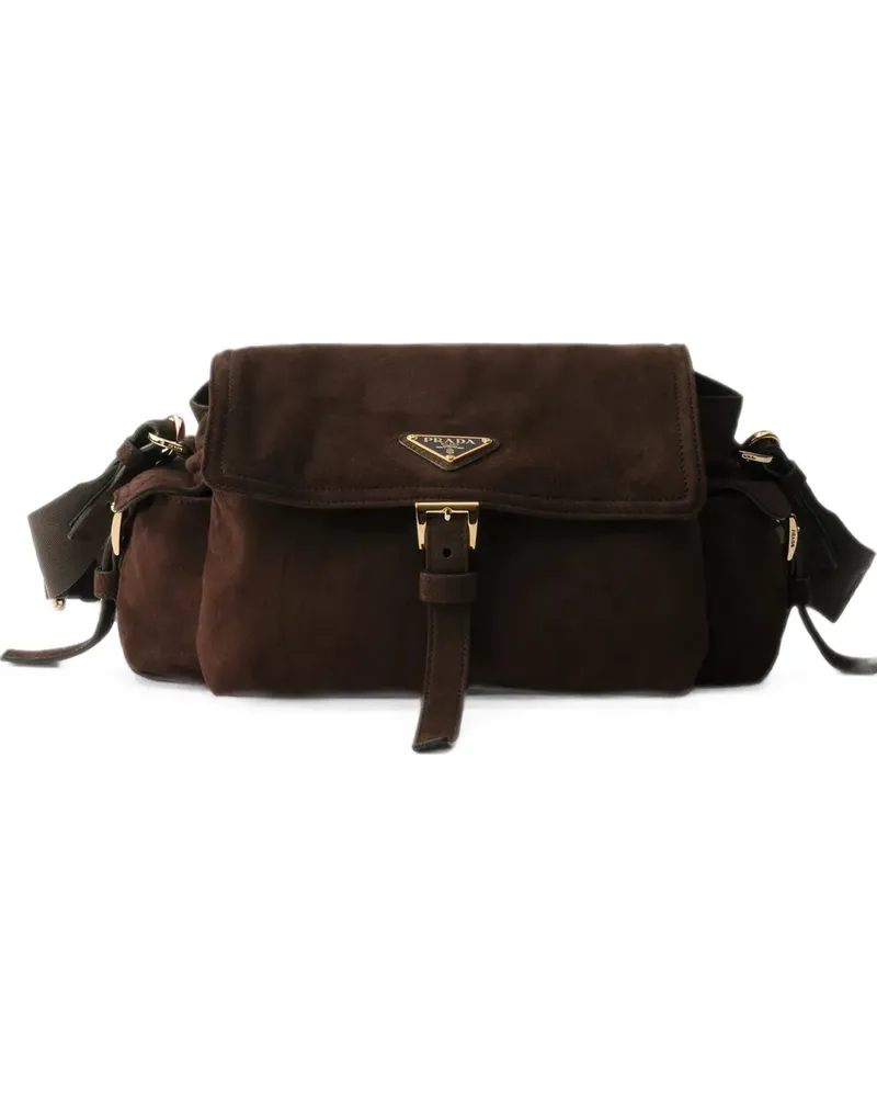Prada Mittelgroße Explore Schultertasche aus Wildleder mit Klappe - Braun Braun