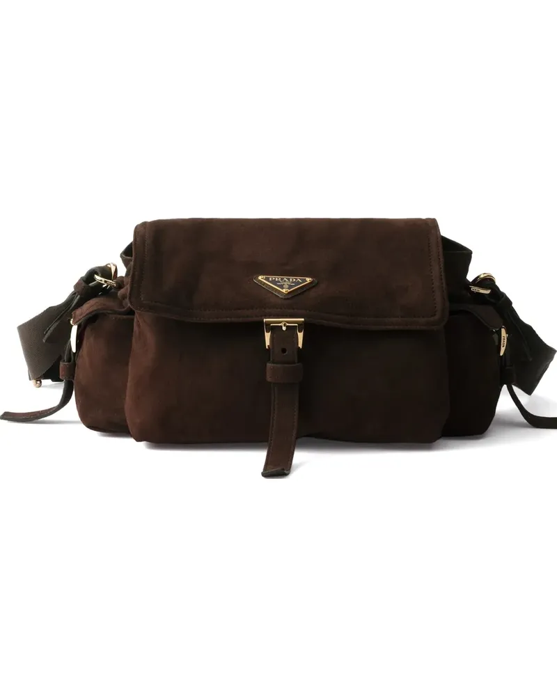 Prada Mittelgroße Explore Schultertasche aus Wildleder mit Klappe - Braun Braun