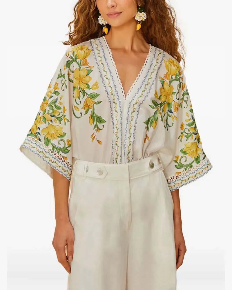 FARM Rio floral-print lace trim bodysuit - Weiß Weiß