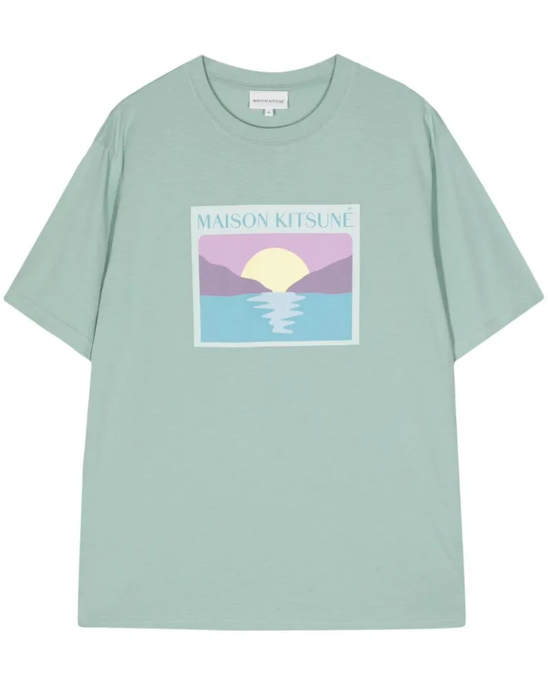Kitsuné T-Shirt mit Sunset Postcard-Print Grün