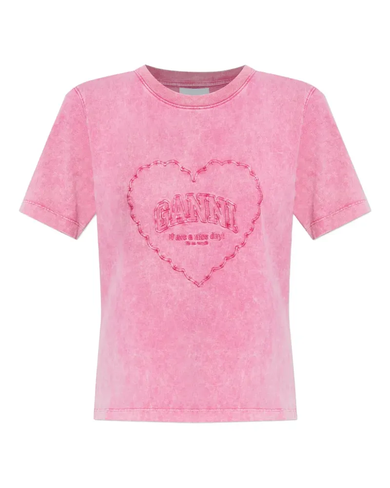 Ganni T-Shirt mit Herzstickerei - Rosa Rosa