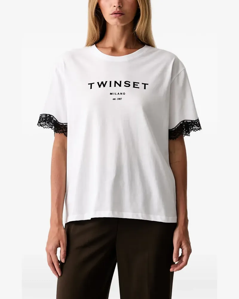 Twin-Set T-Shirt aus Jersey mit Logo und Spitze - Weiß Weiß