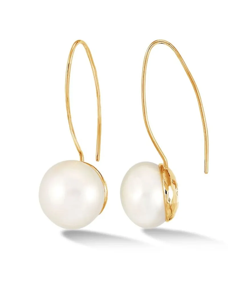 Dower & Hall Timeless Long White Pearl Ohrringe 14mm Gold