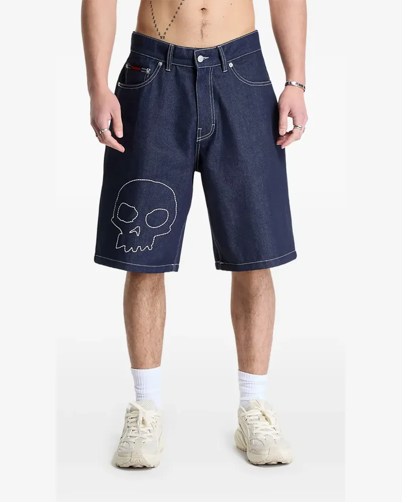PLEASURES skull-embroidered denim shorts - Blau Blau