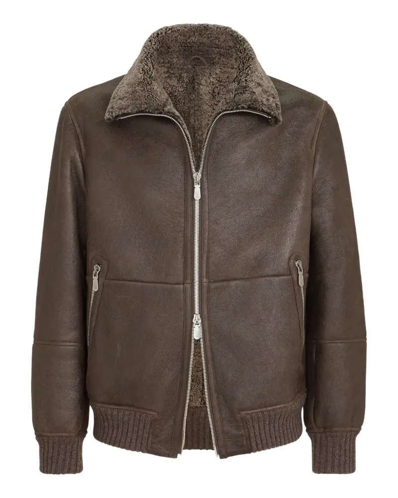 Brunello Cucinelli Vintage-effect shearling bomber jacket - Braun Braun