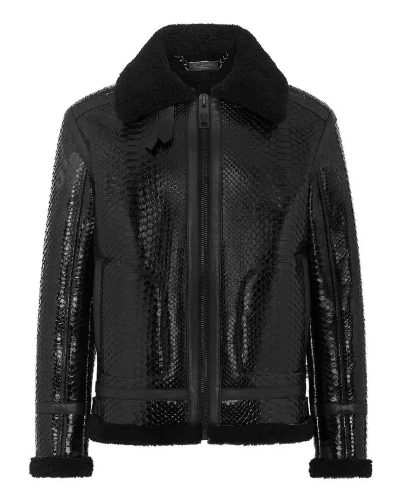 Philipp Plein patent-effect shearling-trim jacket - Schwarz Schwarz