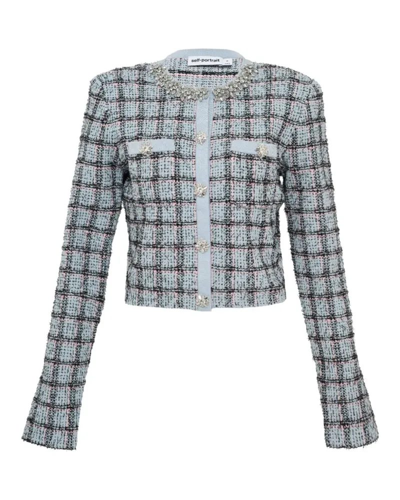 Self-Portrait check-pattern knit cotton cardigan - Blau Blau