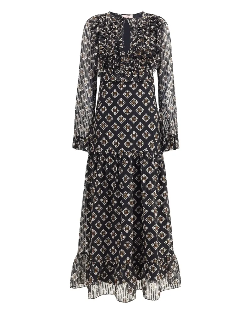 Kristina Ti Gerüschtes Maxikleid mit Print - Schwarz Schwarz
