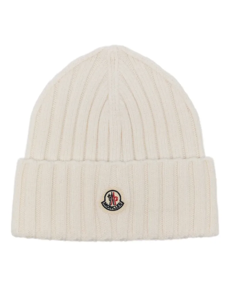 Moncler Gerippte Beanie mit Logo-Patch - Weiß Weiß