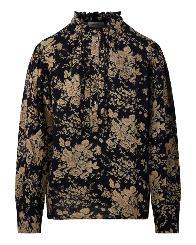 Antik Batik Gerüschte Bluse mit Blumenprint - Schwarz Schwarz