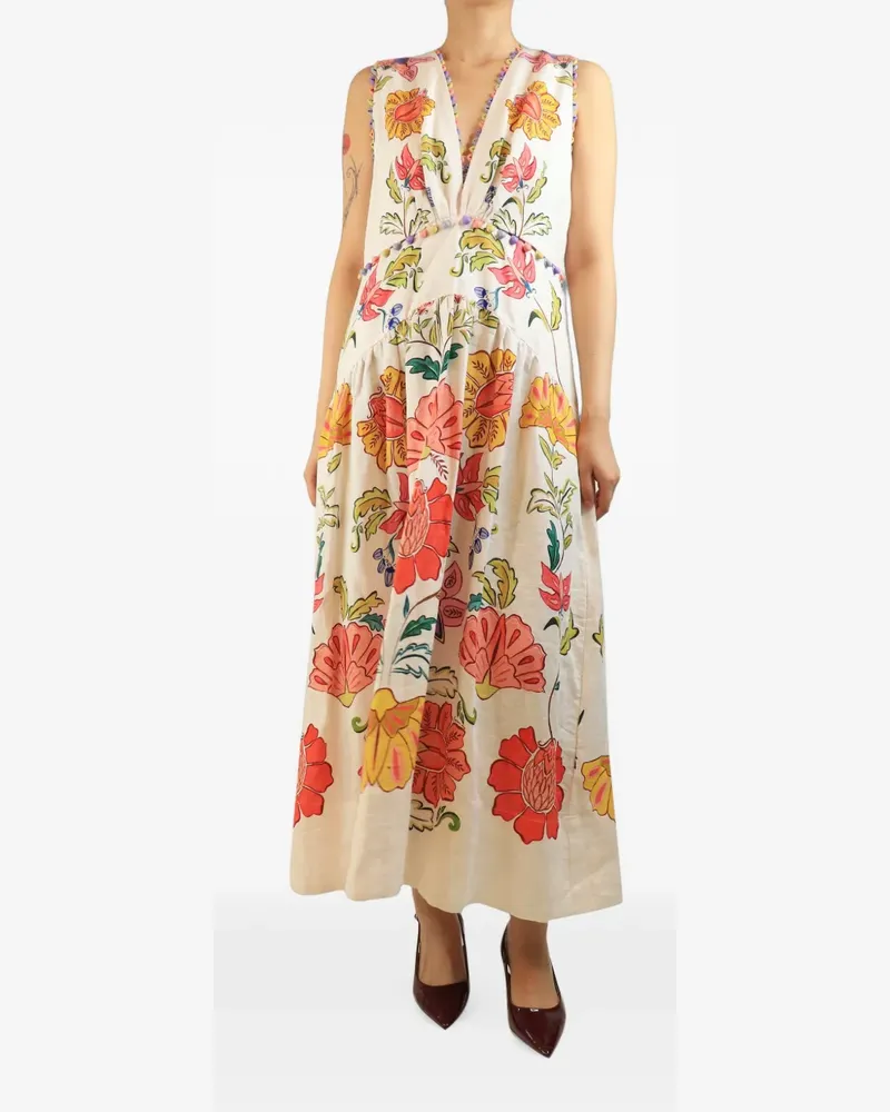 FARM Rio floral-print pompom-trim maxi dress - Nude Nude