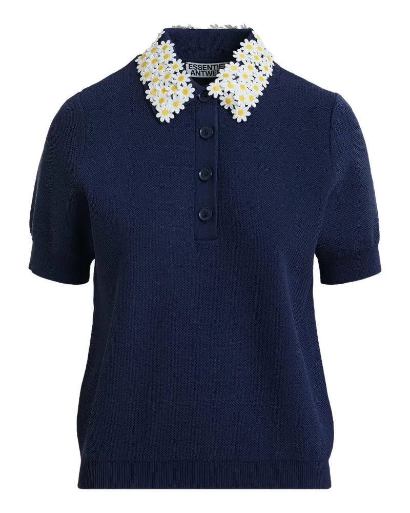 Essentiel floral-embellished fine-knit polo top - Blau Blau