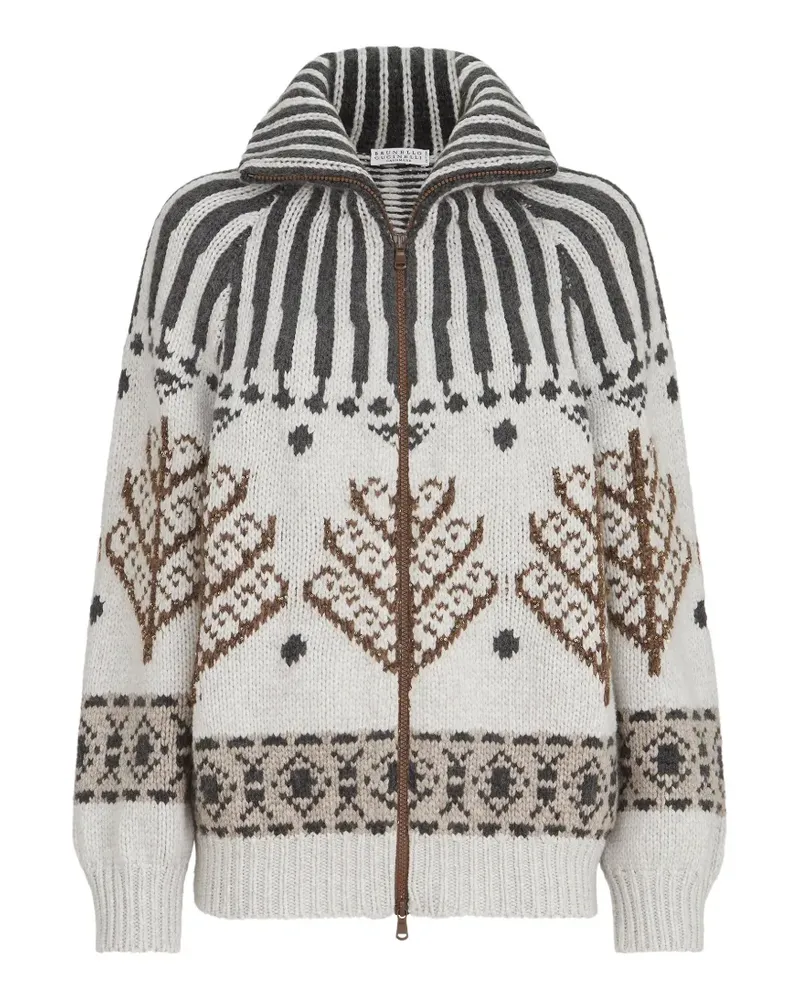 Brunello Cucinelli Nordic Heritage Cardigan aus Kaschmir und Mohair mit Stehkragen und Reißverschluss - Nude Nude