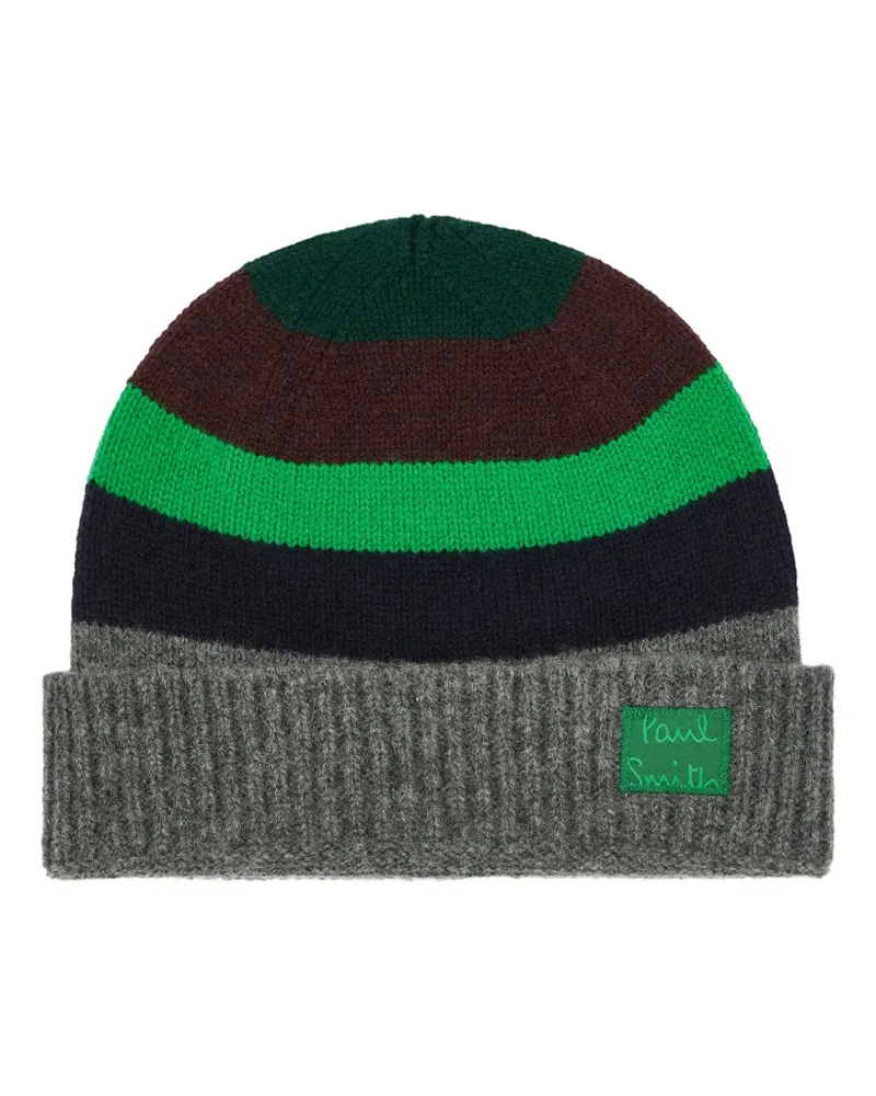 Paul Smith Beanie mit grauen und grünen Streifen Grau