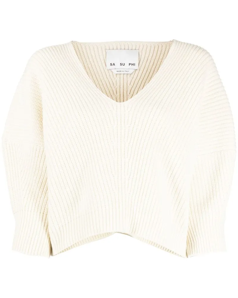 Sa Su Phi Gerippter Pullover mit V-Ausschnitt - Weiß Weiß