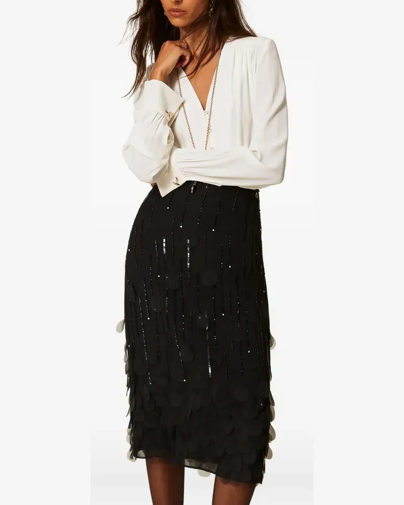 Twin-Set Georgette midi skirt with embroidery - Schwarz Schwarz