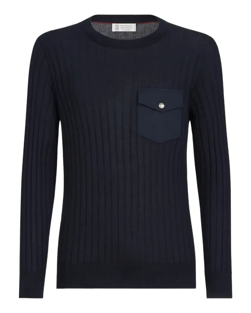 Brunello Cucinelli cashmere and silk ribbed sweater with chest pocket - Blau Blau
