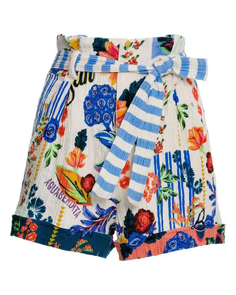 AGUA BENDITA Gestreifte Addison Citrus Shorts mit Blumen-Print - Weiß Weiß