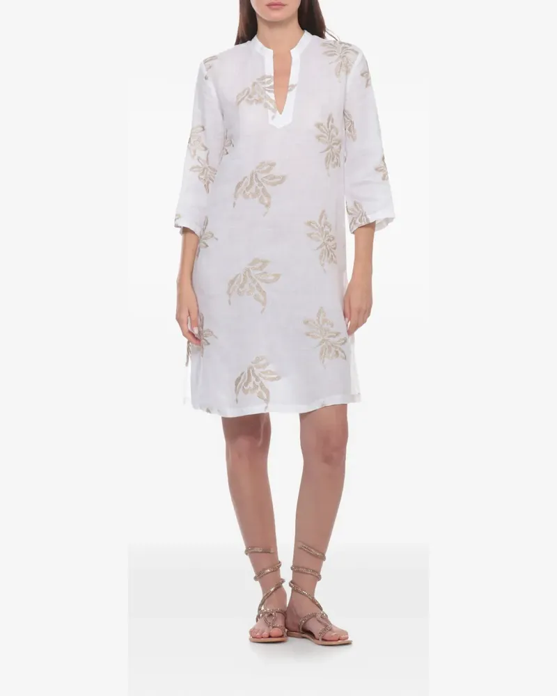 120% Lino embroidered V-neck mini dress - Weiß Weiß