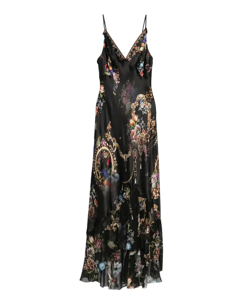 Camilla floral-print rhinestone-embellished asymmetric dress - Schwarz Schwarz
