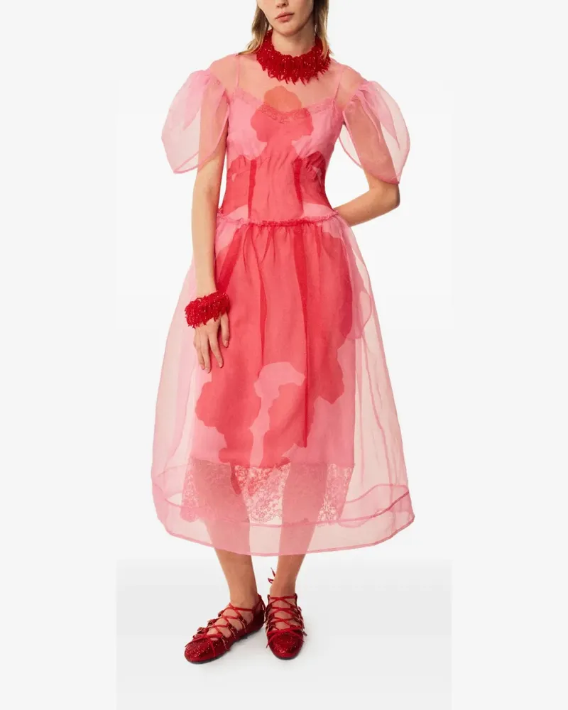 Simone Rocha Puffärmel-Midikleid mit skulpturalem Corsage - Rosa Rosa