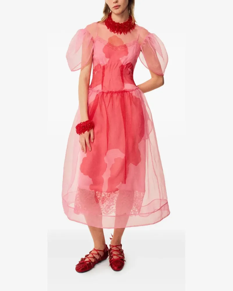 Simone Rocha Puffärmel-Midikleid mit skulpturalem Corsage - Rosa Rosa