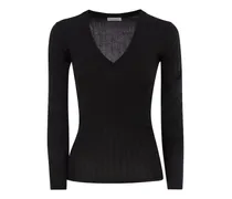 Gerippter Pullover mit V-Ausschnitt - Schwarz