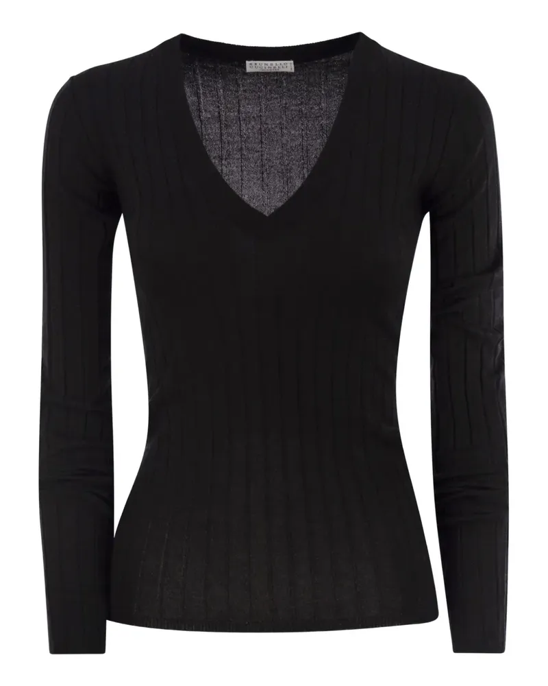 Brunello Cucinelli Gerippter Pullover mit V-Ausschnitt - Schwarz Schwarz