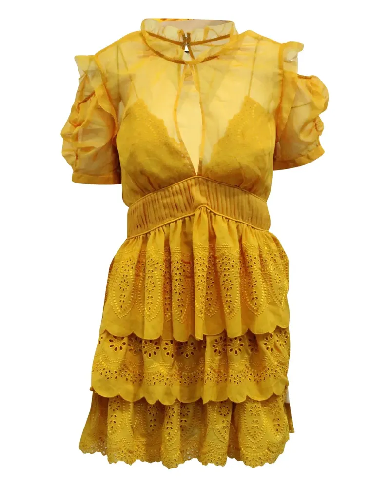 Self-Portrait embroidered tiered mini dress - Gelb Gelb