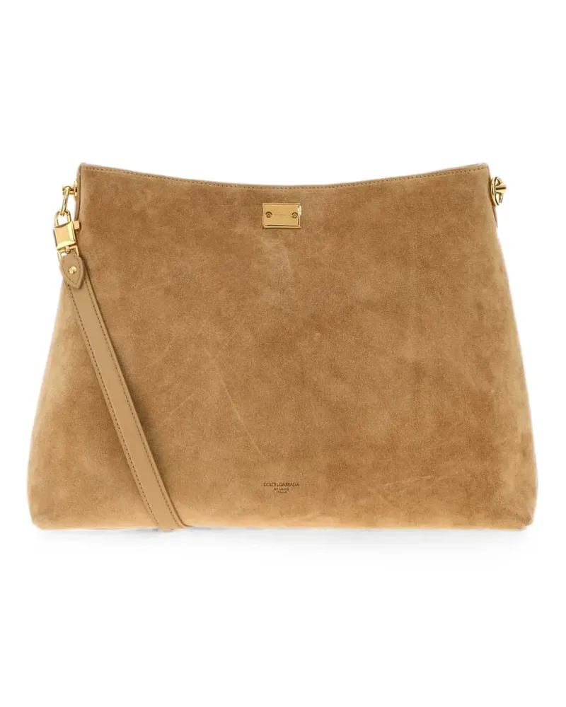 Dolce & Gabbana logo-plaque suede shoulder bag - Nude Nude