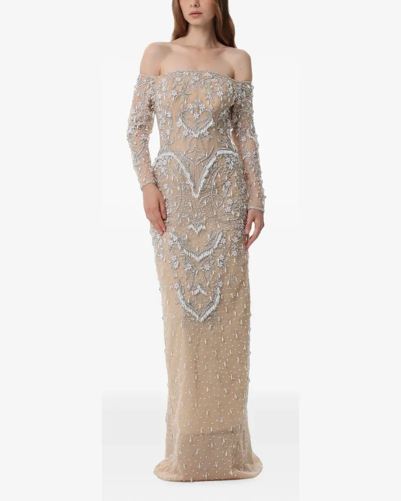 Dina Melwani crystal-embellished off-shoulder maxi dress - Nude Nude
