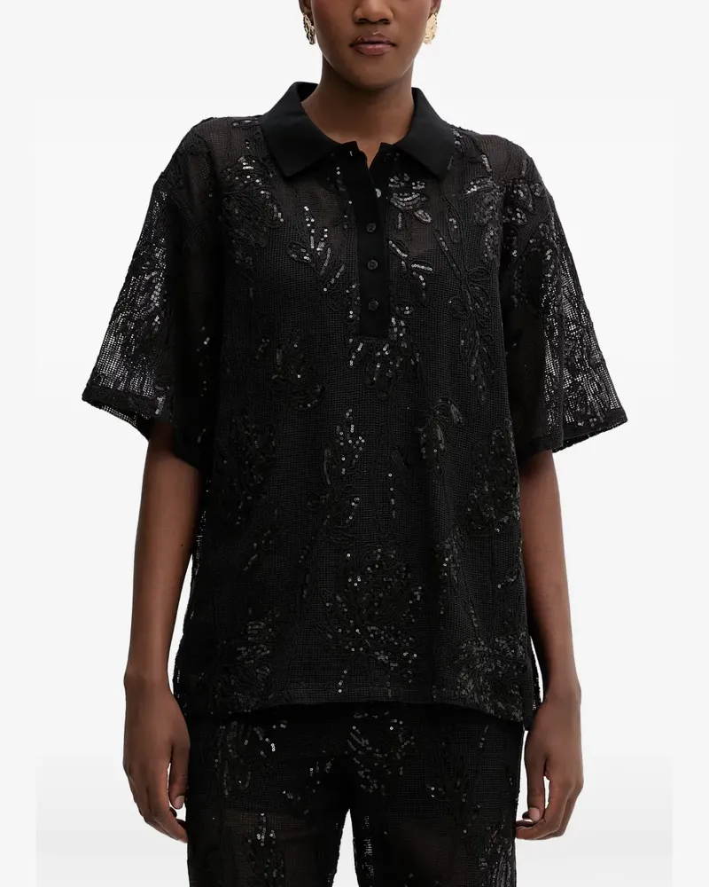Isabelle Blanche sequin-embellished floral-lace polo shirt - Schwarz Schwarz