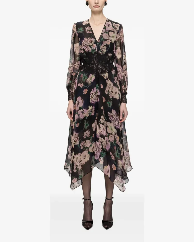 NISSA Chiffon-Midikleid mit Spitzeneinsatz - Schwarz Schwarz